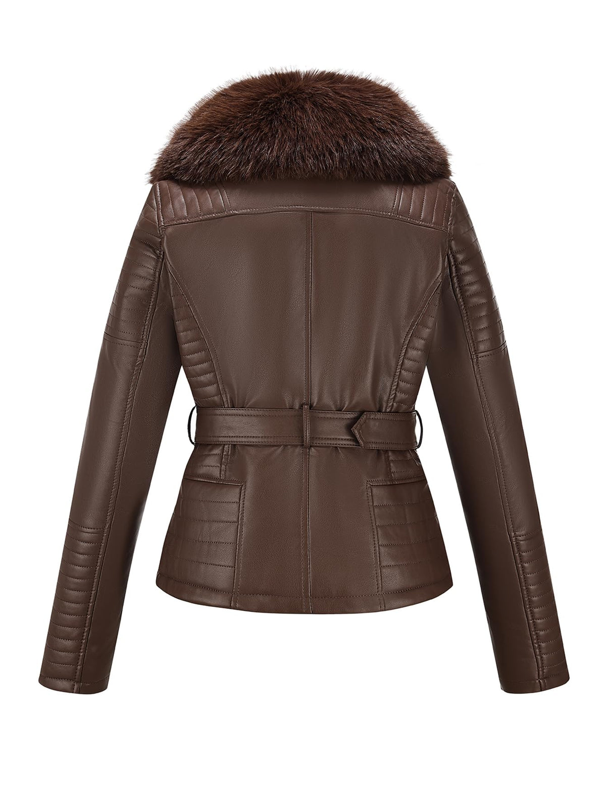 Bellivera Women's Faux Leather Jacket Moto Sherpa-Lined Coat Brown L