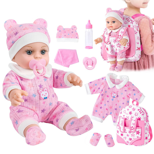 BDDOLL 12" Baby Doll in Gift Box with Pink Backpack, Cloths, Feeding Bottle and Pacifier, First Baby Dolls for Toddlers 3 Years and Up