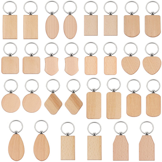 MIKIMIQI 30 Pcs Wood Engraving Blanks Wooden Keychain Blanks Assorted Unfinished Wooden Key Tag for DIY Gift Crafts Laser Engraving Wood Key Chain Blanks