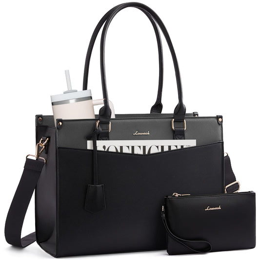 LOVEVOOK Professional Laptop Tote Bag for Women 15.6 inch, 2-in-1 Structured Leather Tote Purse with Clutch & Cup Holder, Large Capacity Work Briefcase for Office Travel, Black-Grey