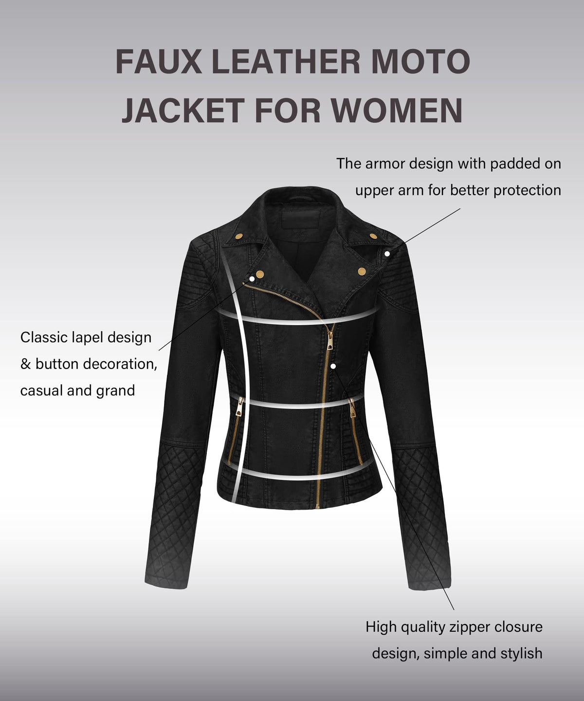 Bellivera Women's Faux Leather Casual Moto Lightweight Jacket Black 3L