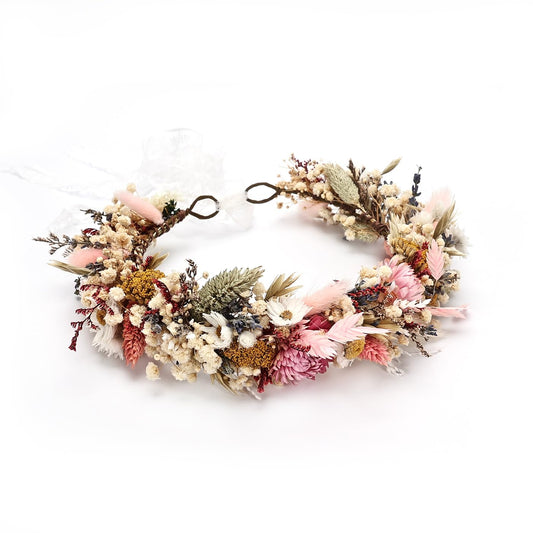 PoshMyra Handcrafted Dried Flower Crown, Natural Preserved Daisy Wreath Headband in Cream and Pink, Rustic Wedding Hair Garland for Kids and Flower Girls