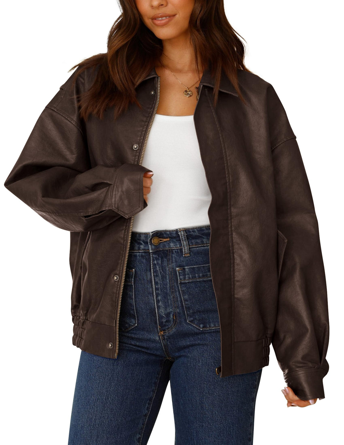 PRETTYGARDEN Women's Faux Leather Motorcycle Jacket Trendy Fall Spring Clothes Oversized Zip Up Winter Coat Outerwear (Dark Coffee,Large)
