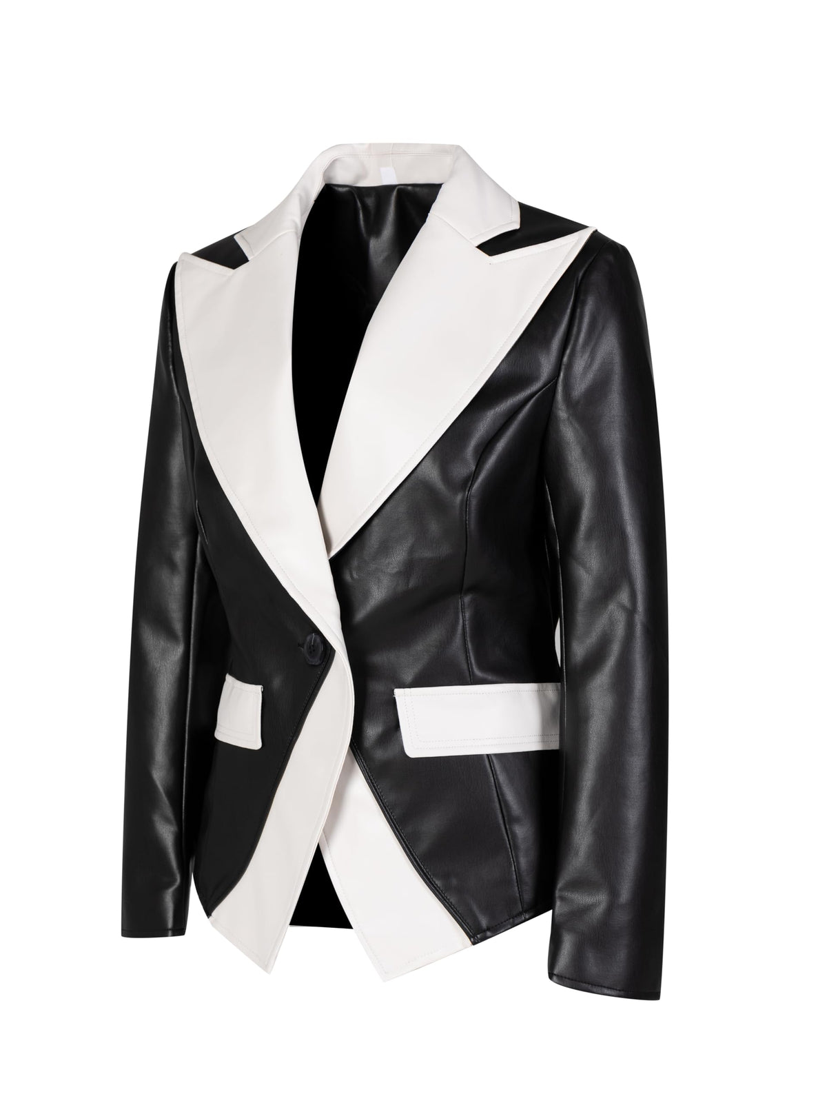 SS-Sunrise Fashion Women's PU Faux Leather Blazer, Black and White Color Block, Single Button, Notched Lapel, Small