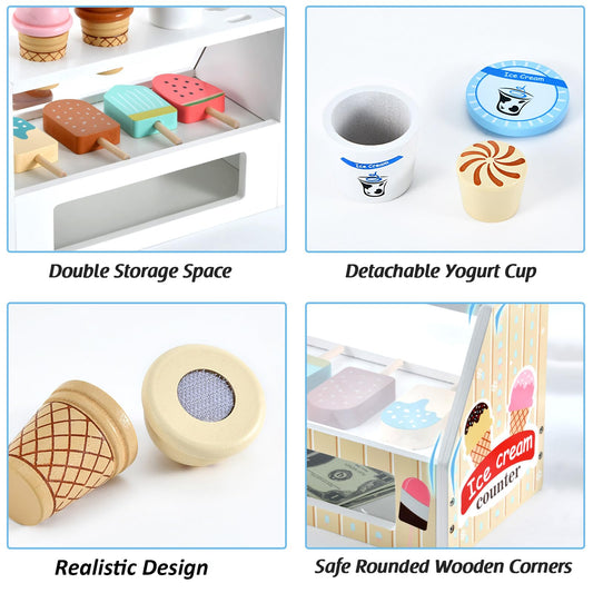 WHOHOLL Wooden Ice Cream Toys Kids Play Store Pretend Toy for Toddlers, Play Kitchen Accessories with Scoop, Menu, Ice Cream Play Set Birthday for 3 4 5 6 Year Old Girls Boys