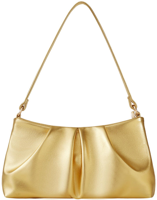 Vegan Leather Evening Bag Ruched Clutch Purse for Women Detachable Metal Chain Crossbody Bag（Gold）