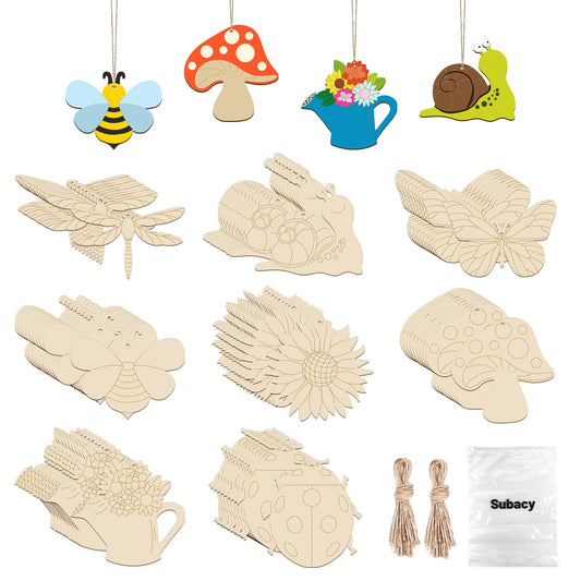 Subacy 80 PCS Unfinished Wood Cutouts 8 Styles DIY Wooden Spring Ornaments, Wooden Art Craft Painting Kit for Kids, Birthday Easter Creativity Arts & Crafts, Spring Themed Shape