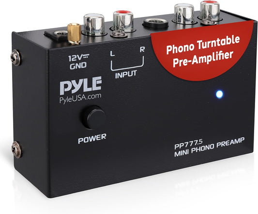 12V Pyle Phono Turntable Preamp - Mini Audio Stereo Phonograph Preamplifier with RCA Inputs & Outputs, Low Noise