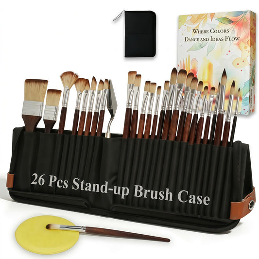 26Pcs Paint Brush Set with Stand-Up Brush Case, Travel Watercolor Acrylic Paint Brushes with Flat, Filbert, Fan, Dagger, Cat Tongue, Round, Palette Knife, Professional Kit for Oil, Artist, Face