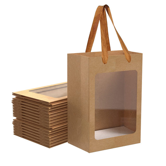 BallHull 12 Pcs Brown Paper Gift Bags with Transparent Window, 9.84"x7.0"x5.12" Kraft Shopping Bags with Handles for Bouquet Christmas Birthdays Festivals Party Weddings Wrapping