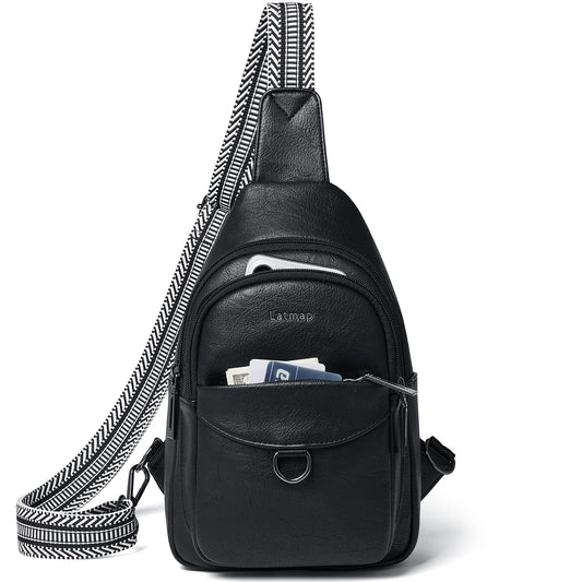 LATMAP 7L Sling Bag for Women Men Crossbody Belt Bag Small Travel Sling Backpack Anti Theft Chest Daypack Purse Faux Leather,Black