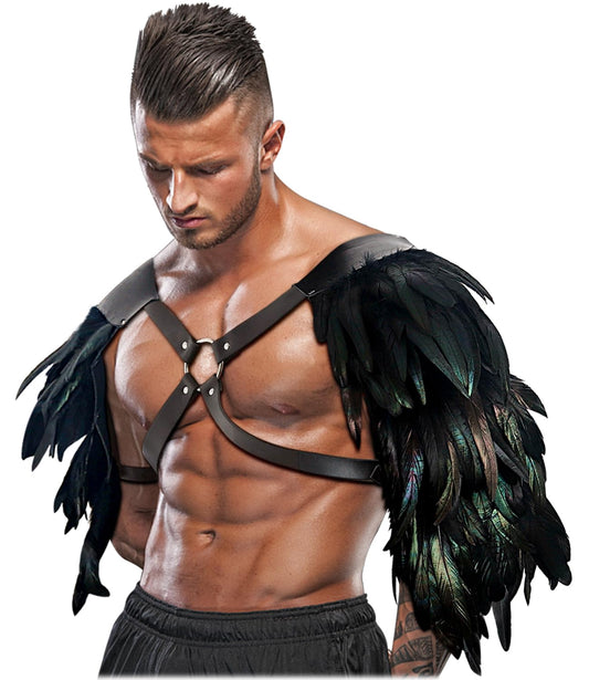 L'VOW Men's Feather Shoulder Armor Medieval Leather Harness Shoulder Guards Halloween Demon Cosplay(Black-2)