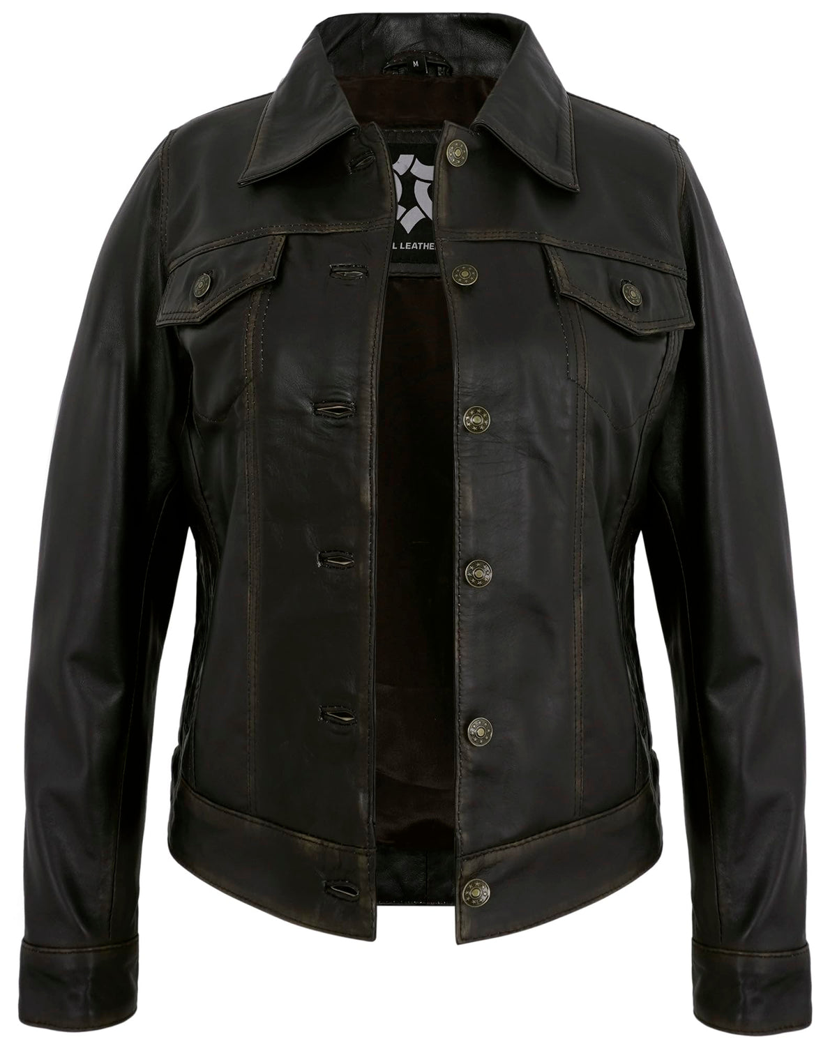 UrbanFocal Biker Style Womens Leather Jacket - Real Lamskin Brown Leather Motorcycle Jacket Women | [101013206] F.Trucker Ruboff, 2XL
