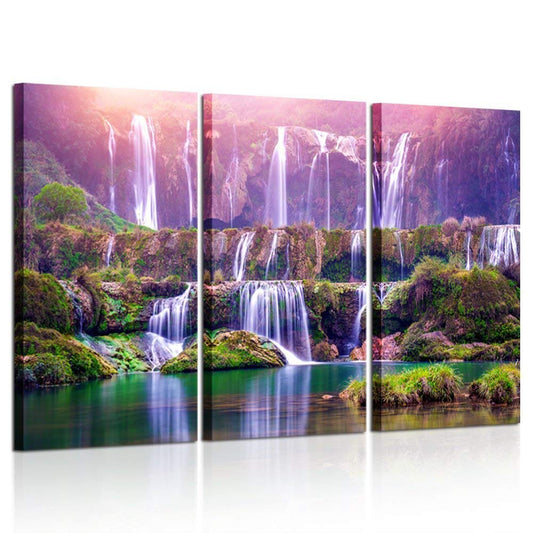 KREATIVE ARTS Large Size 3 Pieces Peaceful Dreamlike Waterfall Canvas Wall Art Purple Landscape Picture Artwork Modern Nature Painting Hotel Bedroom Interior Home Decor 16x32inchx3pcs