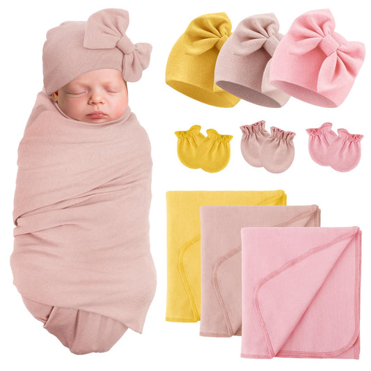 AQOKKA Newborn Receiving Blanket with Bow Hat Mittens Set Nursery Swaddle Wrap Toddler Swaddles for Newborn Baby Boy Girl