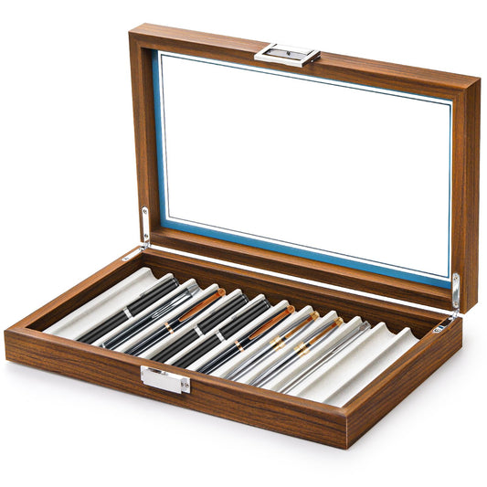 Yesland Black Walnut Wood Display Box, 12 Slot Fountain Pen Organizer With Clear Glass Window, Luxury Collection Case for Shop, Home