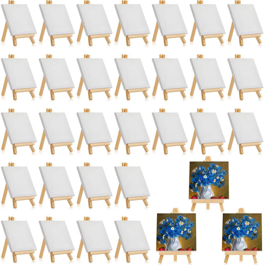 Mimorou 32 Pack Mini Canvas with Easel Sets for Painting Small Art Stretched Canvas Panels Pack with Sturdy Wood Display Easel for Kids Classroom Crafts End of The Year Gifts (3 x 3 Inch)