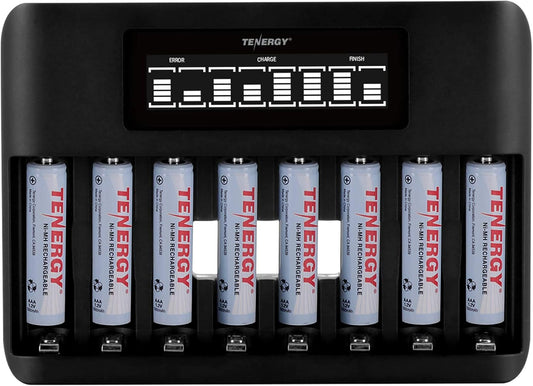 Tenergy TN480U 8-Bay 8pcs 1000mah LCD Display Fast Charger for NiMH/NiCD AA AAA Rechargeable Batteries with AAA