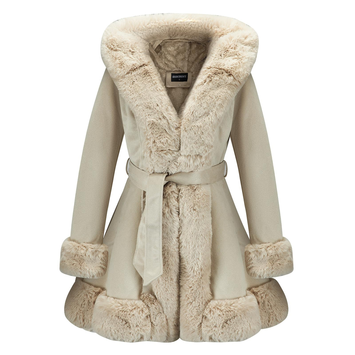 GRAN ORIENTE Beige Suede Jacket for Women with Faux Fur Collar,Long Sleeve Warm Winter Parka Coat with Belt Outerwear(056 Beige M)
