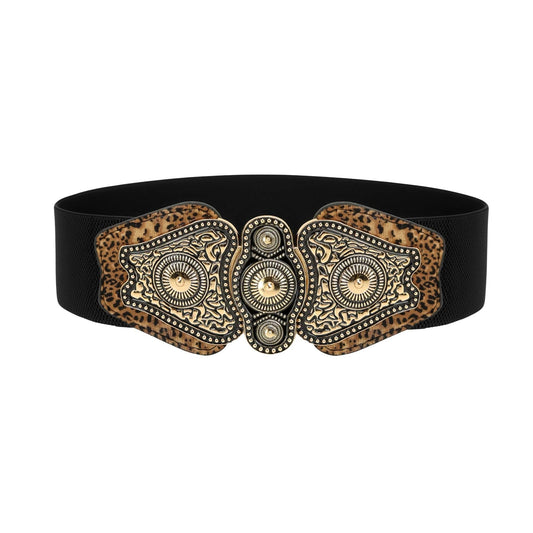 BlackButterfly Wide Elastic Stretch Vintage Antique Retro Buckle Belt (Black - Leopard, XL)