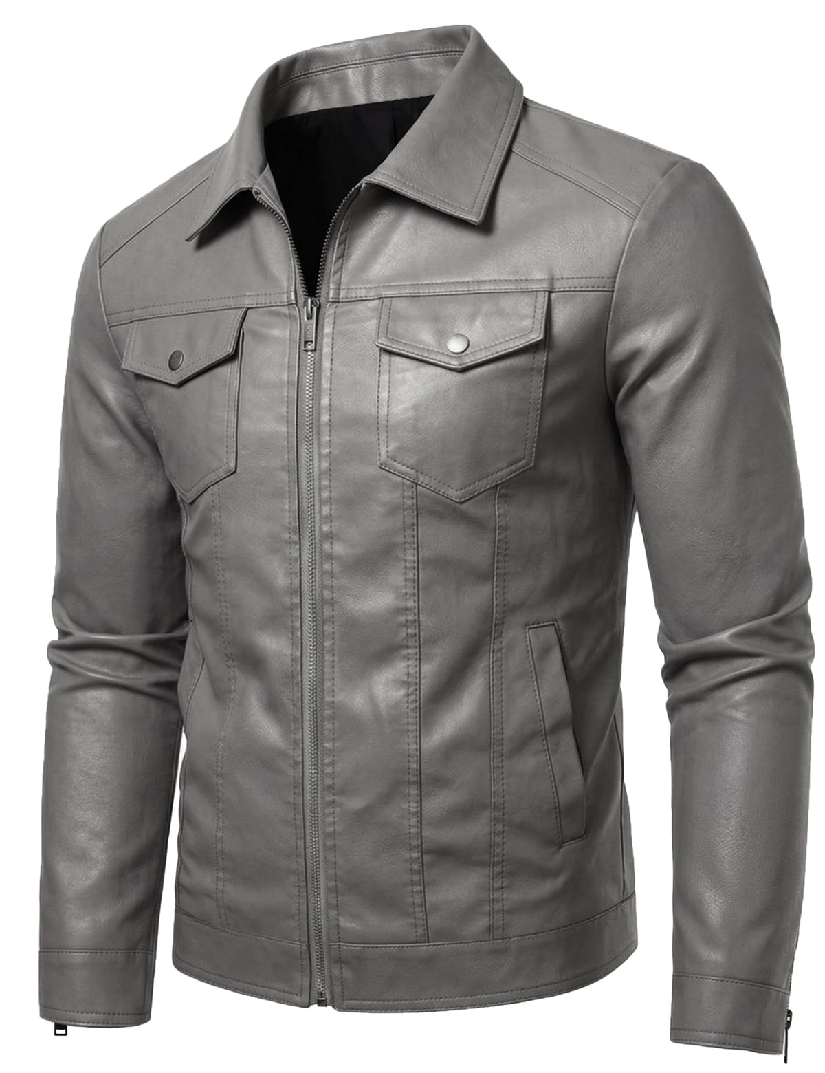 Grey Leather Jackets Men Faux Leather Motorcycle Jacket Biker Coat XXL