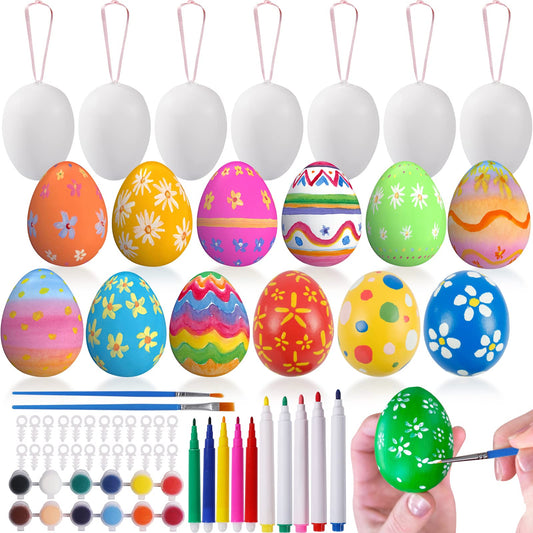 Max Fun 50 Pcs White Blank Easter Eggs Ornaments Bulk Decoration for Craft Hanging Plastic Artificial Eggs with Rope DIY Painting Decorating Basket Fillers Gift Easter Party Favors