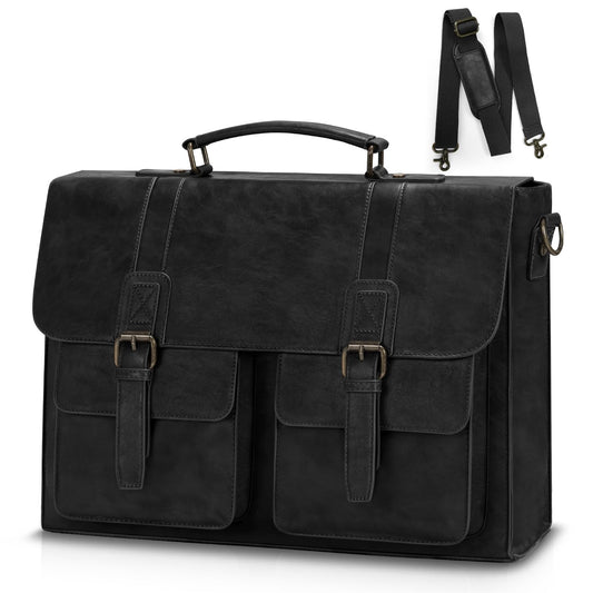 RAINSMORE Leather Messenger Bag for Men 15.6 Inch Vintage Laptop Bag Waterproof Briefcases for Men Computer Shoulder Bag Satchel for Work, Office, College, Business, Black