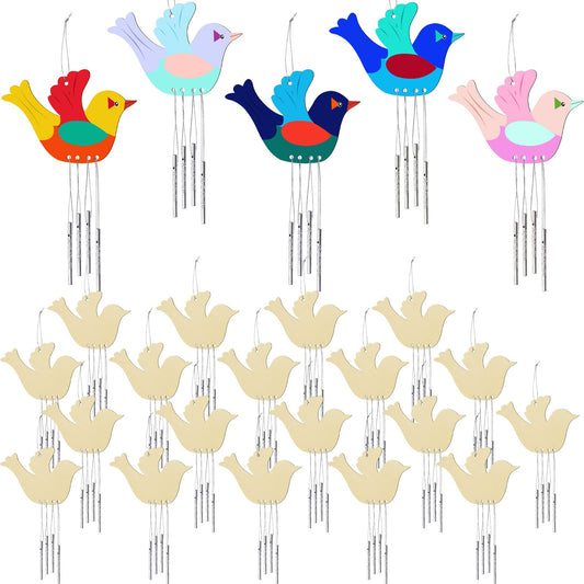 Taiyin 24 Pieces Bird Wooden Wind Chime Craft Kit for Kids DIY Make Your Own Wind Chimes Decorative Wooden Hanging for Classroom Outdoor Garden Patio Balcony Arts Crafts Supplies