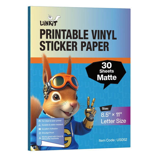 Uinkit Classic Matte Sticker Paper 30 Sheets - Printable Vinyl Sticker Paper for Inkjet & Laser Printers, Waterproof Tear-Resistant Decals for Crafts, Labels & Small Projects (8.5"x11")