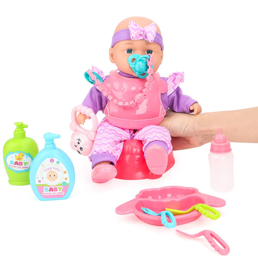 deAO Kids Baby Doll Stroller Nursery Role Play Set with a Variety of Feeding Toy and Play Mat Travel Cot Baby Carrier Stroller and Travel Bag