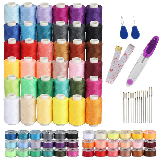 Blibly 72Pcs Bobbins Sewing Thread Kits, 500 Yards Per Polyester Thread Spools with Needle, Threader, Scissors and Ruler, Prewound Bobbin with Case for Hand and Sewing Machine,36 Colors