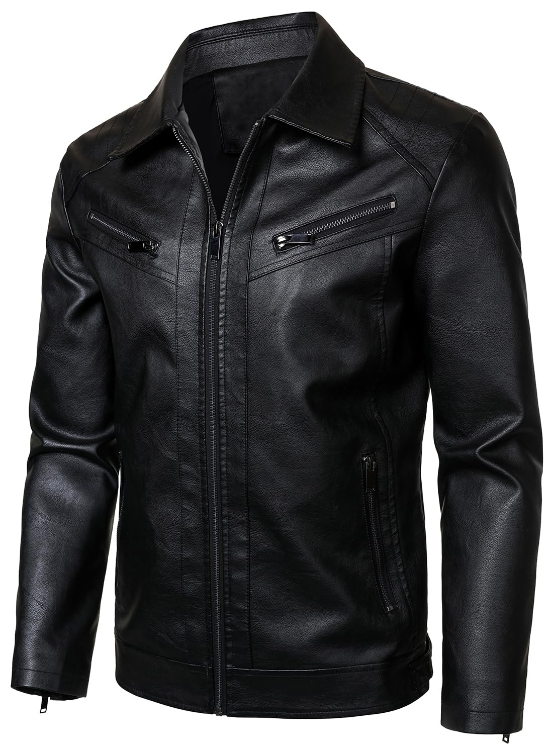 HOOD CREW Mens PU Leather Jacket Classic Style Turn Down Collar Faux Leather Biker Jackets Black L