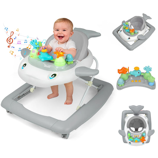 Baby Walker with Wheels, Music and Lights Foldable Baby Walker, 3 Adjustable Heights, Activity Walker for Baby Boy and Girl 6-18 Months, Gray