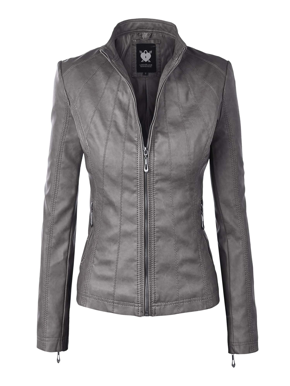 Lock and Love LL WJC877 Womens Panelled Faux Leather Moto Jacket XL GREY