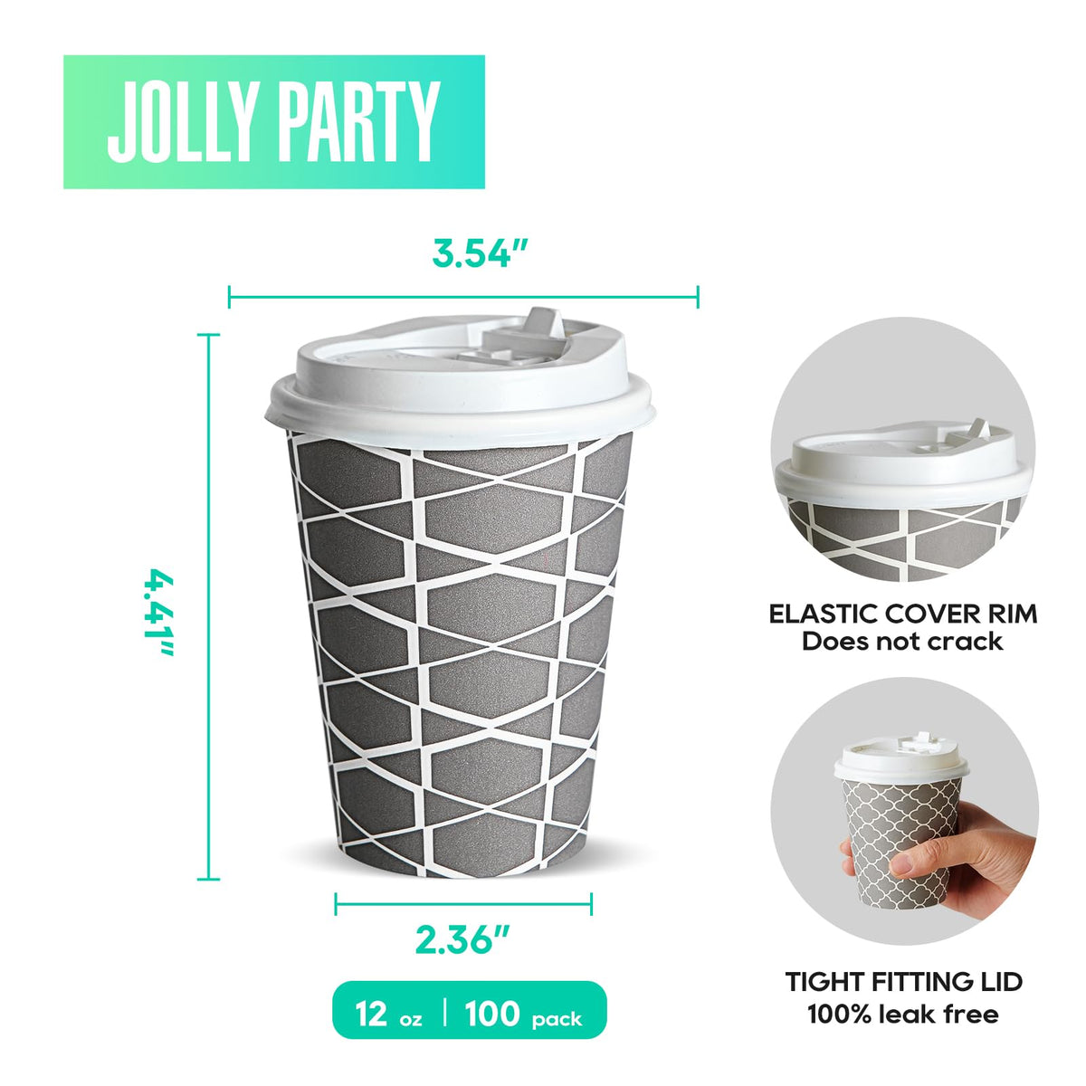 JOLLY PARTY Disposable Coffee Cups with Lids -12 oz (100 Sets) To Go Cups, Paper Coffee Cups for Beverages Espresso Tea, Suitable for Cafes, Offices and Home