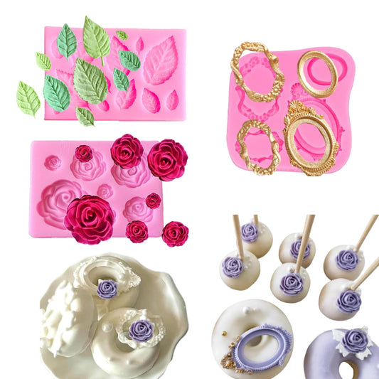 3-Pack Silicone Mold Set for Cake Decorating: Baroque Frame, Rose & Leaf Fondant Molds | Reusable Food-Grade Silicone for Chocolate, Candy, Gum Paste | Cupcake Topper & Dessert Decor Kit