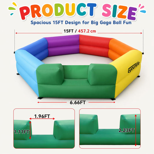 Inflatable Gaga Ball Pit- 7-Sided Arena with Built-in Blower, Unique Heptagon Design for Non-Stop Play, Portable for Backyard, Park & Family Games (Multicolor, 15FT)