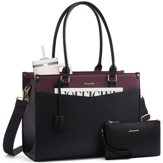 LOVEVOOK 17.3 inch Laptop Bag for Women, 2-in-1 Multi-Pocket Leather Tote Purse with Elegant Clutch & Cup Holder, Waterproof Structured Large Capacity Work Briefcase for Office Travel, Wine Red-Black