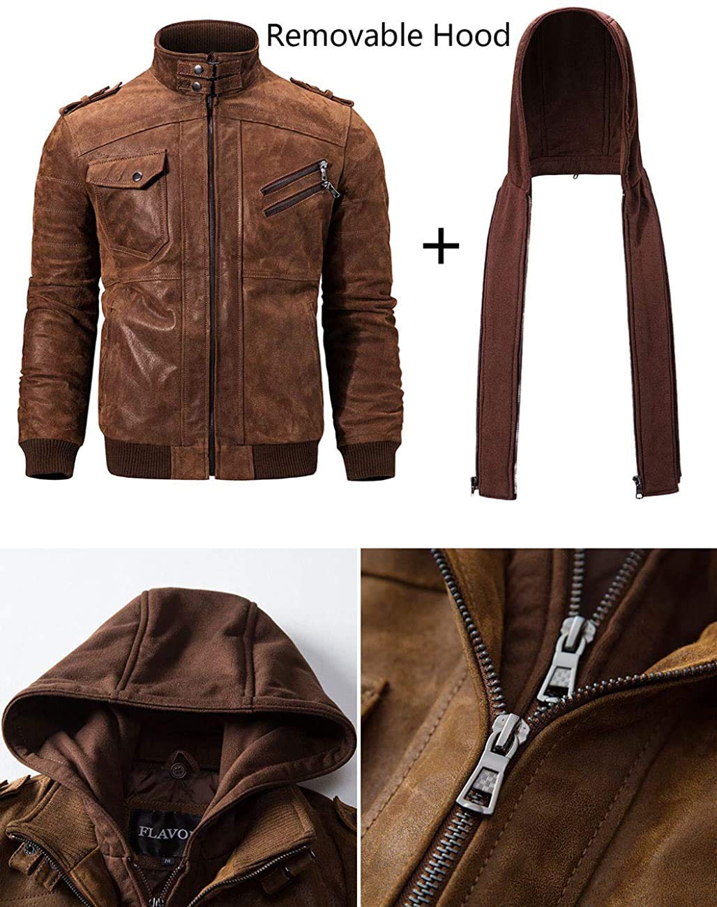 FLAVOR Men Brown Leather Motorcycle Jacket with Removable Hood (Medium (US standard), Brown)