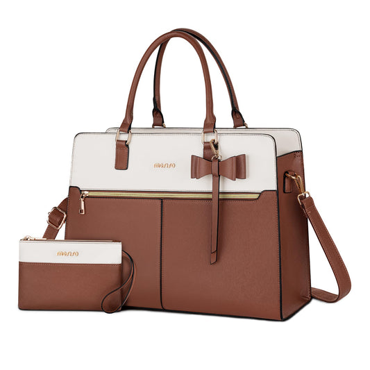 MOSISO Laptop Tote Bag for Women, 15.6 inch Waterproof PU Leather Work Bag with Clutch Purse & Bowknot, Large Capacity Handbag Shoulder Computer Bags Work Briefcase for Business Teacher Office, Brown