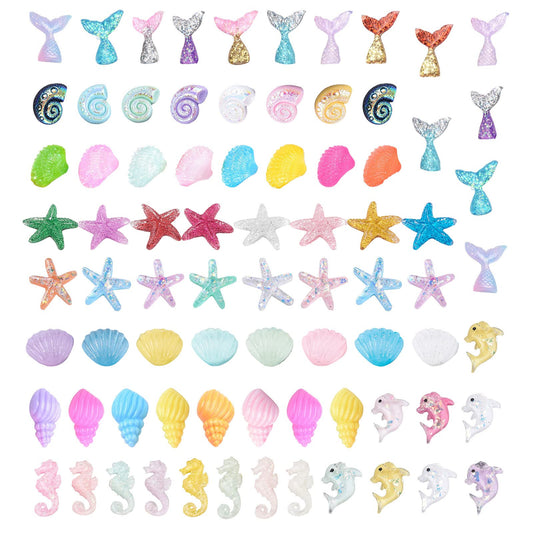 SUNNYCLUE 1 Box 80Pcs 9 Styles Animal Cabochons Colorful Sea Ocean Animals Charms Fish Tail Mermaid Dolphin Resin Cabochon Flatback for Scrapbooking Adult Women DIY Jewelry Crafts, Random Style