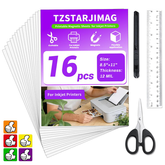 Printable Magnetic Sheets for Inkjet Printer,8.5" x 11"(Pack of 16),12 mil Thick Cuttable Flexible Non-Adhesive Backing Magnetic Printer Paper for DIY Crafts,Photos and Stickers