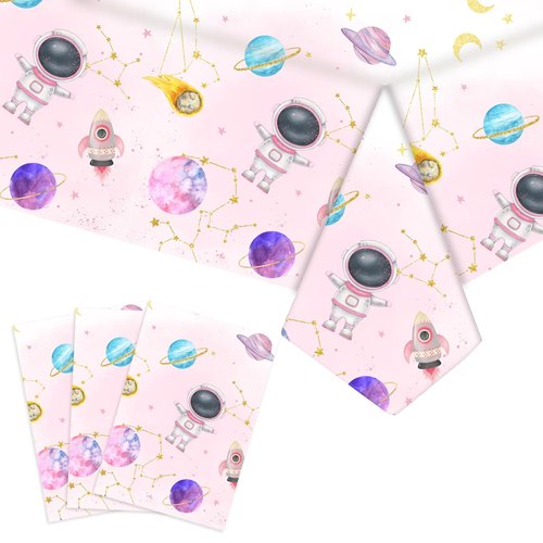 ASLERMURE 3pcs Pink Space Party Tablecloth First Trip Around The Sun Birthday Space Theme Disposable Rectangle Table Cover Decorations,Outer Sun Theme Party Baby Shower Supplies