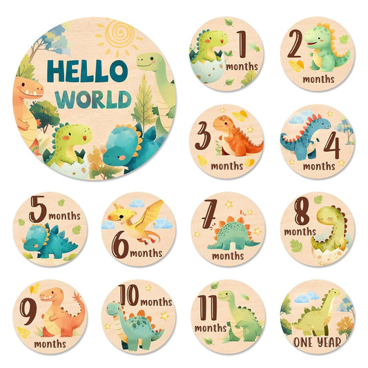 13Pcs Set Baby Monthly Milestone Cards Sign - Double Sided Dinosaur Milestone Cards, Dino Pattern Wooden Circles Discs