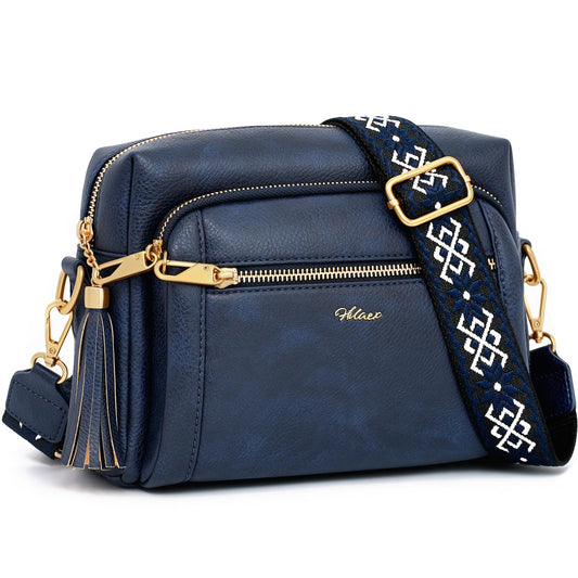HILAEX Small Leather Crossbody Bags for Women Anti theft Purses and Handbag Shoulder Hangbag with Wide Strap Tassel Navy Blue