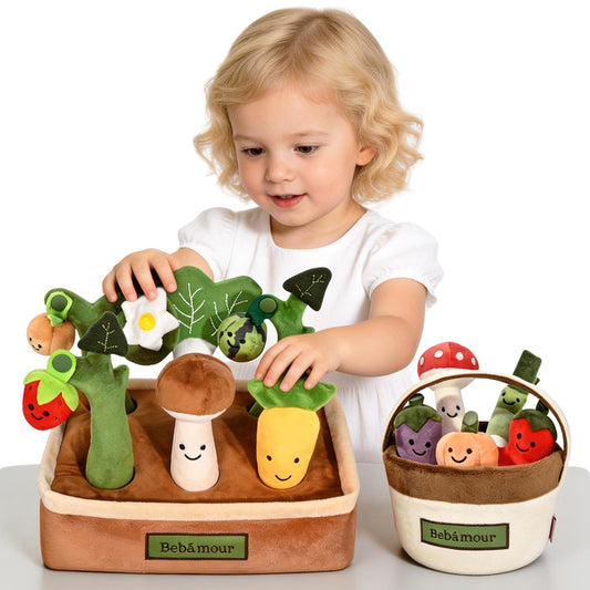 Bebamour Montessori Toys for Baby 6-12 Months, Plush Vegetable Garden Sensory Sorting Toy with Storage Base, Soft Plush Farm Harvest Game for Fine Motor Skills, Perfect Baby Boys Girls Gift(Carrot)
