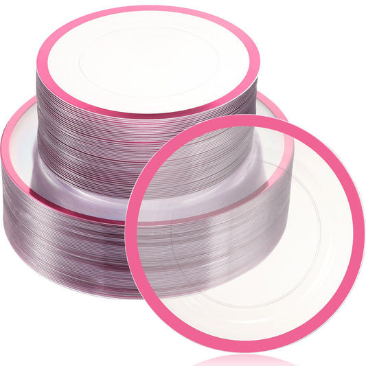 Wesiti 100 Pcs Clear Plastic Plates Disposable Dinnerware Set Includes 50 Dinner Plates 10.25 '', 50 Dessert Plates 7.5 '', Cake Salad Dessert Plates for Wedding Birthday Holiday Parties(Pink Rim)
