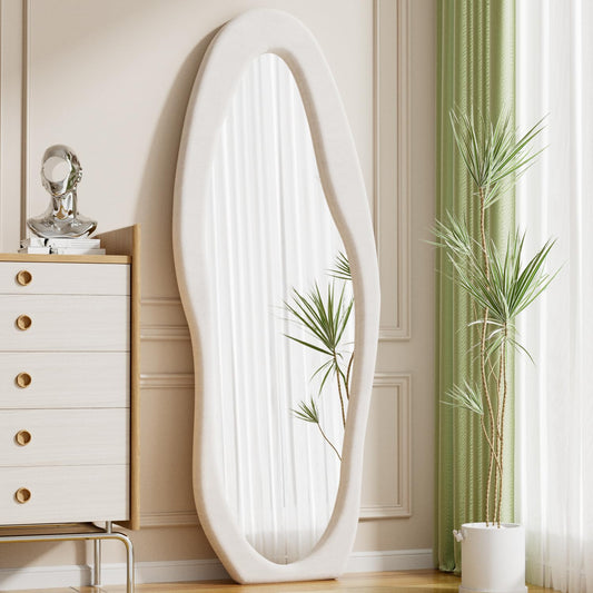 ZMYCZ Wavy Floor Mirror, Irregular Full Length Mirror, 63"x24" Full Length Standing Mirror, Flannel Frame Mirrors Floor Length, Hanging or Leaning Wall Mounted Mirrors for Bedroom, No Stand (White)
