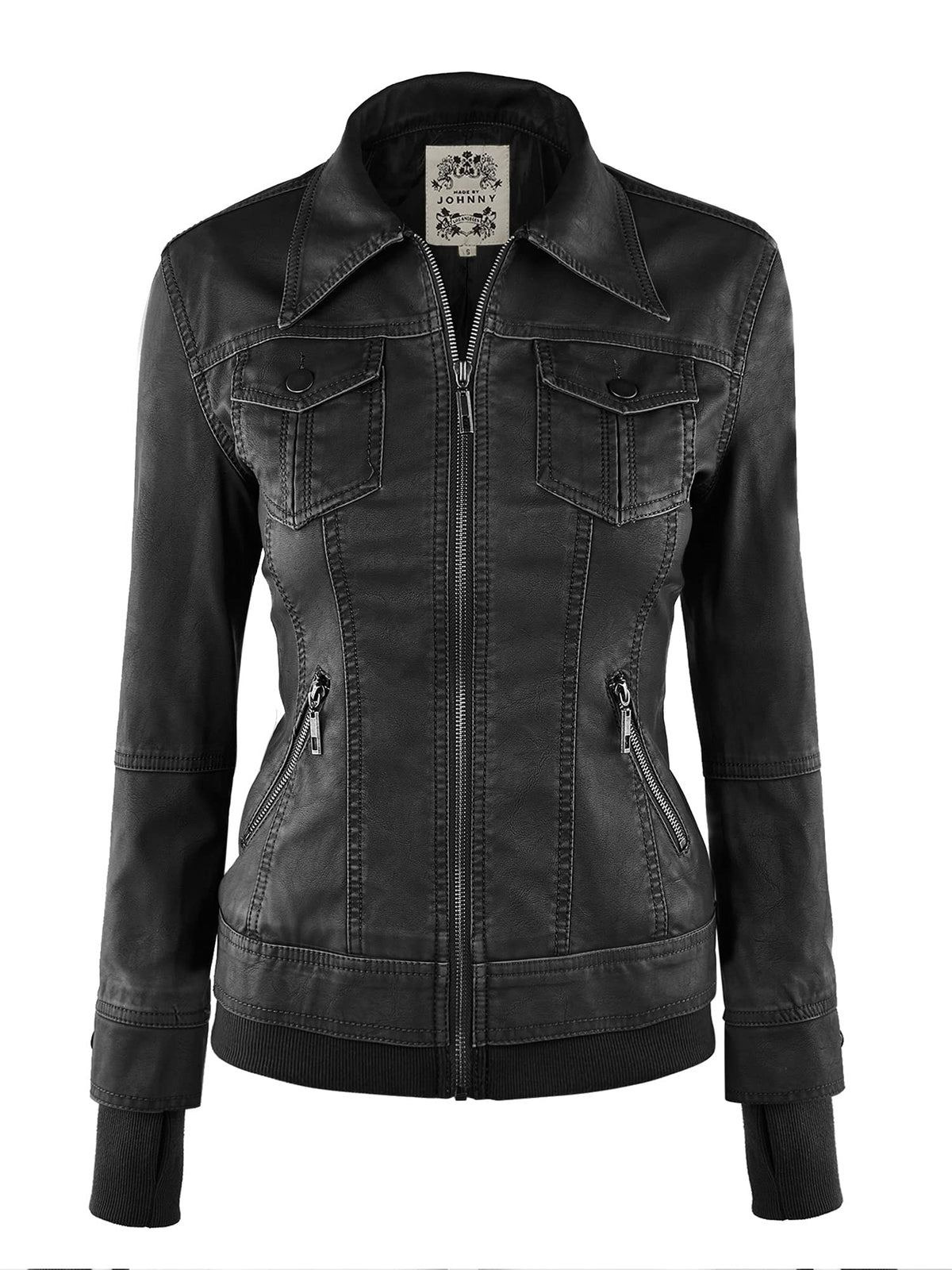Made By Johnny MBJ WJC664 Womens Faux Leather Jacket with Hoodie XS Black