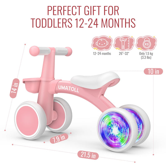 Umatoll Colorful Lighting Baby Balance Bike Toys for 1 Year Old Girl Gifts, Adjustable Seat, First Birthday Gifts, 12-24 Months Toddler Bike, New Pink